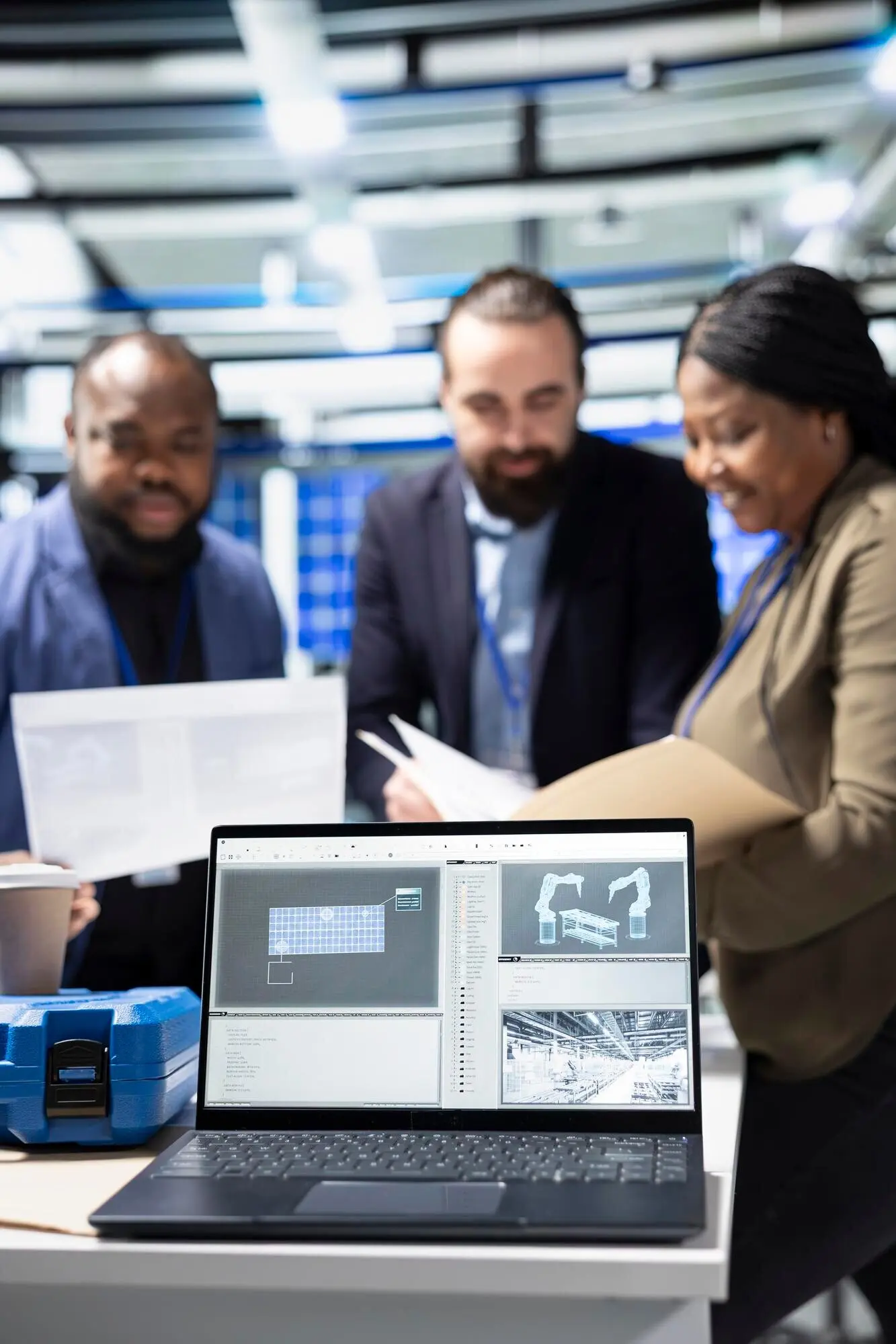 Ingenieros y un contratista de la construcción supervisando sistemas de paneles solares